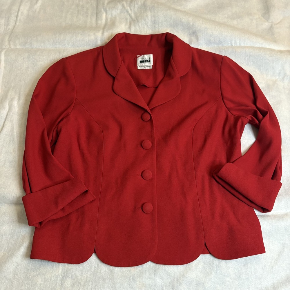 Leslie Fay Blazer Scalloped Hem Red Button Front Structured Petite Office 16P
